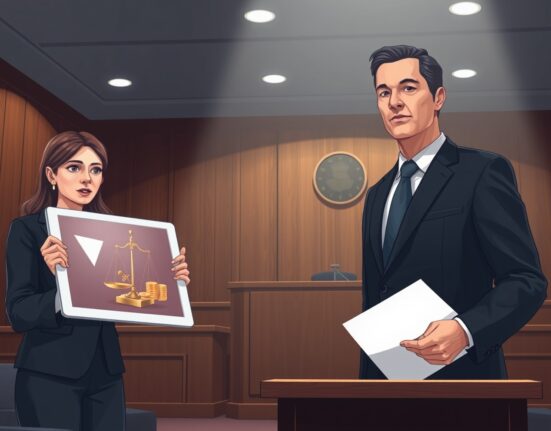 Kraken lawsuit courtroom scene with lawyer and legal assistant representing the exchange against Etana custody fraud