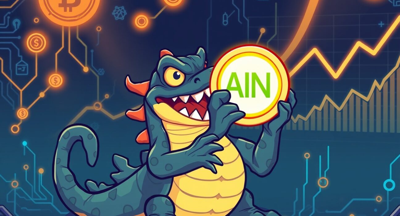 A cartoon kraken monster holding an AIN coin, symbolizing when Kraken lists AIN and its entry into the AI crypto space.