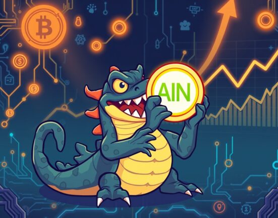 A cartoon kraken monster holding an AIN coin, symbolizing when Kraken lists AIN and its entry into the AI crypto space.