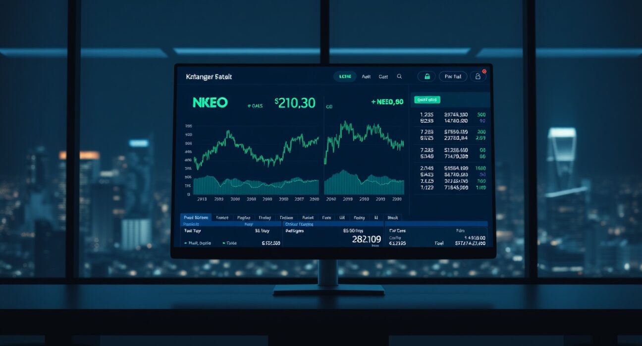 Kraken exchange trading interface showing NEO and GAS pairs on a monitor in a professional office setting.