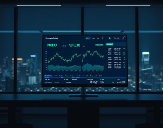 Kraken exchange trading interface showing NEO and GAS pairs on a monitor in a professional office setting.