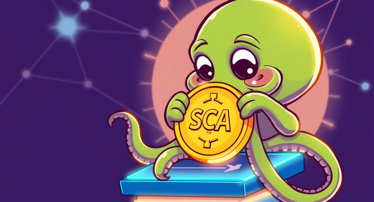 Cartoon kraken listing Scallop (SCA) on a vibrant exchange platform, symbolizing new DeFi opportunities and accessibility.