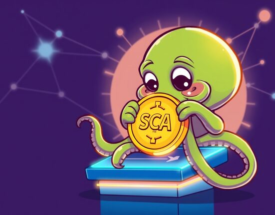 Cartoon kraken listing Scallop (SCA) on a vibrant exchange platform, symbolizing new DeFi opportunities and accessibility.