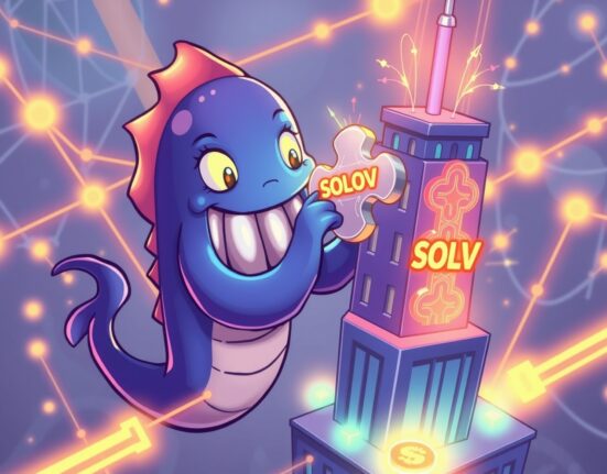Cartoon illustration of Kraken exchange listing Solv Protocol token for decentralized finance growth.