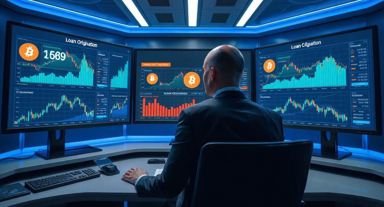 Professional analyst monitoring crypto loan data on multiple screens in a modern financial control room