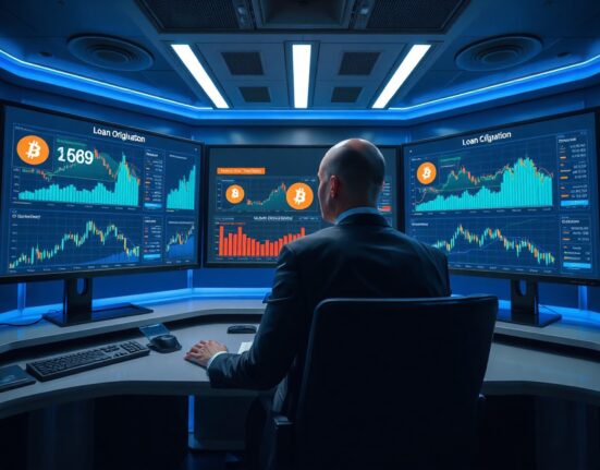 Professional analyst monitoring crypto loan data on multiple screens in a modern financial control room