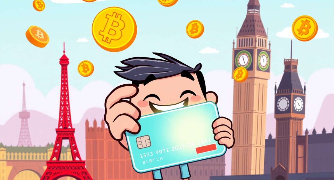 Kraken Mastercard debit card illustration showing crypto rewards in a vibrant European setting