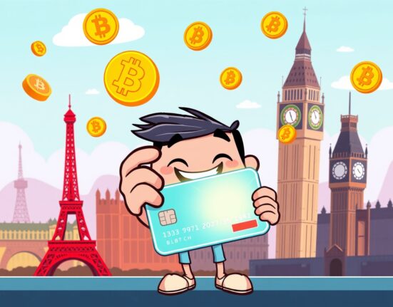 Kraken Mastercard debit card illustration showing crypto rewards in a vibrant European setting