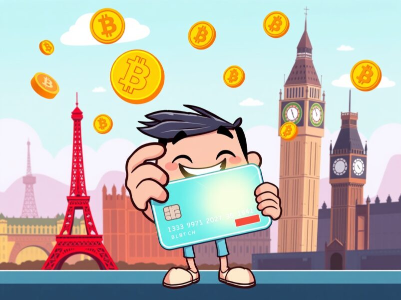 Kraken Mastercard debit card illustration showing crypto rewards in a vibrant European setting