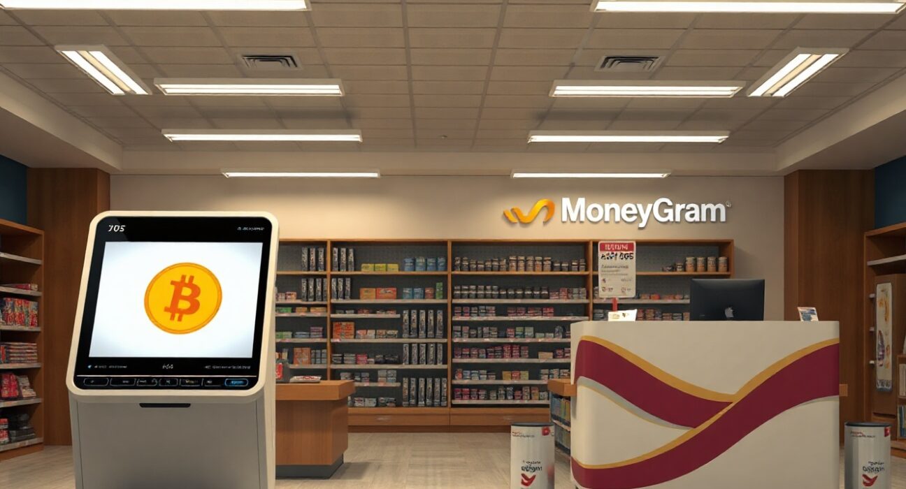 Kraken cryptocurrency exchange interface next to a MoneyGram agent counter in a retail store.