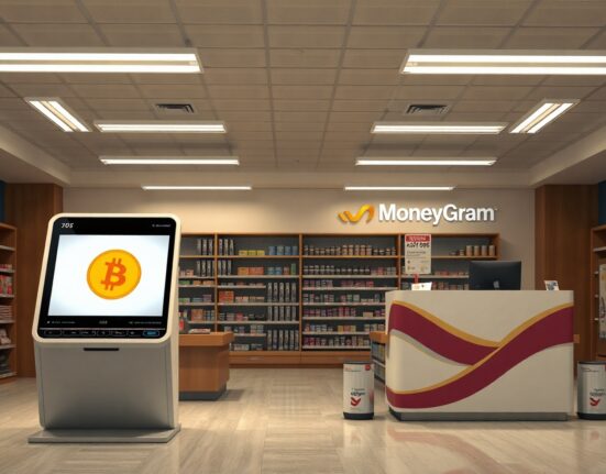 Kraken cryptocurrency exchange interface next to a MoneyGram agent counter in a retail store.