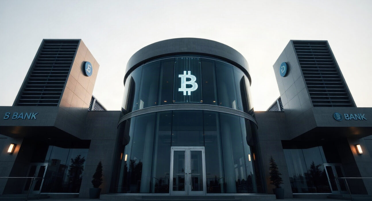 Modern bank building exterior with subtle digital currency symbols, representing Payward's transition to a full bank.