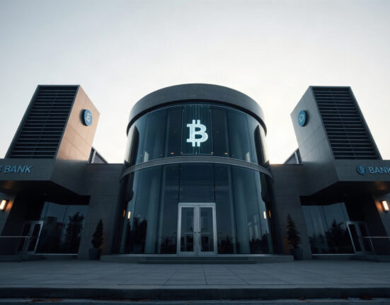 Modern bank building exterior with subtle digital currency symbols, representing Payward's transition to a full bank.