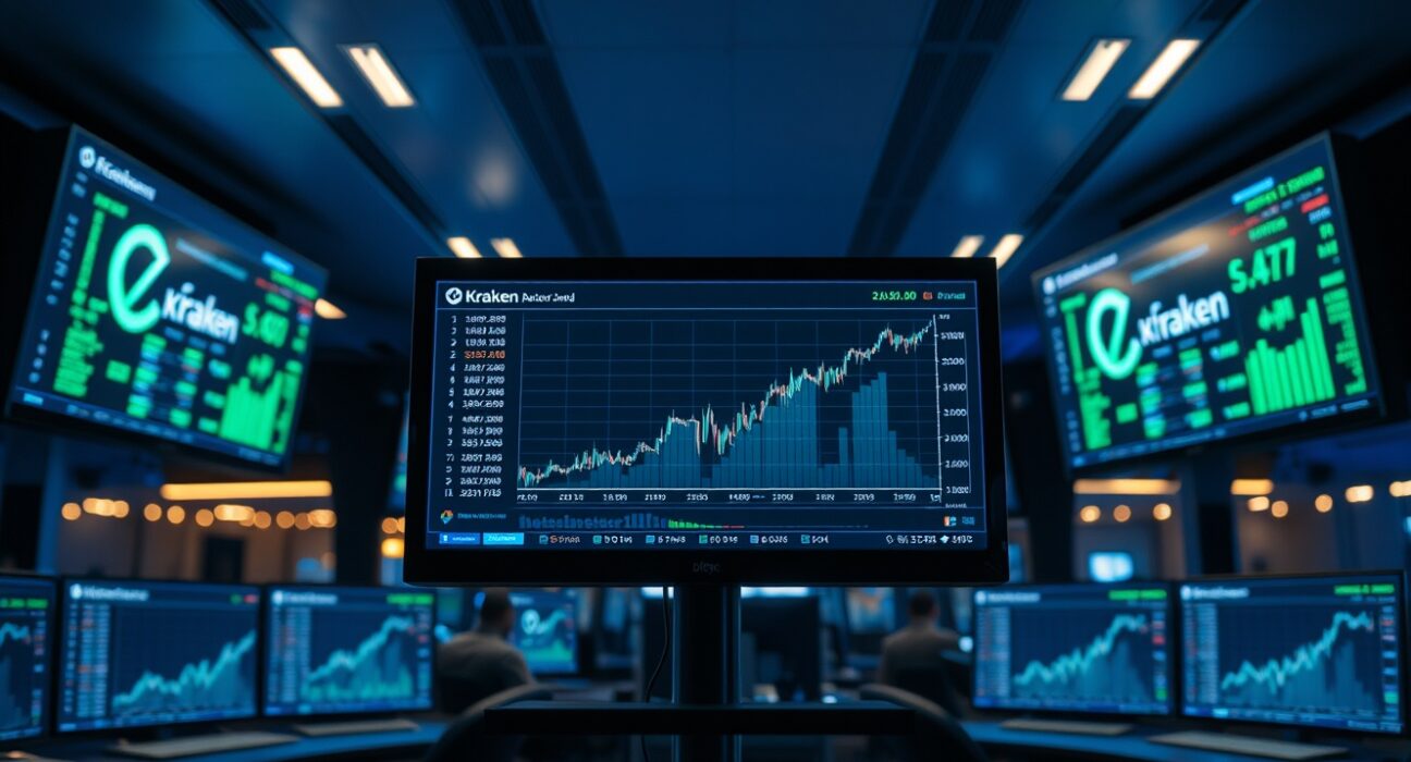 Kraken trading interface displayed on a monitor in a professional trading environment with charts and data.