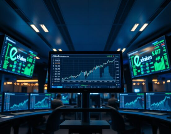 Kraken trading interface displayed on a monitor in a professional trading environment with charts and data.