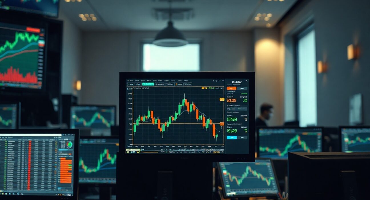 Trading monitors showing downward crypto charts in a modern office