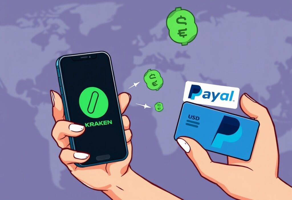 A cartoon illustration showing the ease of Kraken PayPal deposits for instant funding of crypto accounts.