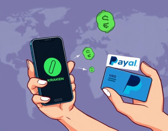 A cartoon illustration showing the ease of Kraken PayPal deposits for instant funding of crypto accounts.