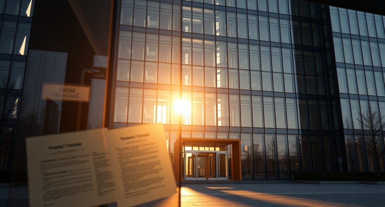 Modern corporate office building exterior at sunset, representing financial and legal disputes.