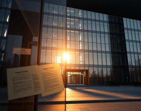 Modern corporate office building exterior at sunset, representing financial and legal disputes.