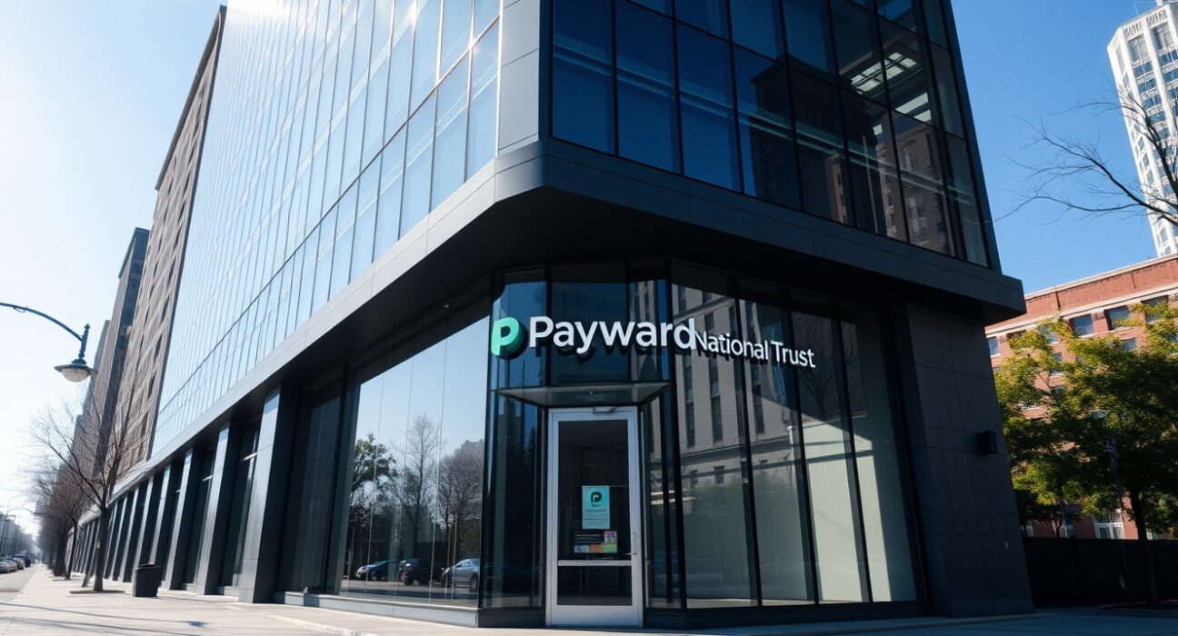 Exterior of Payward National Trust bank building in a U.S. city under clear blue sky