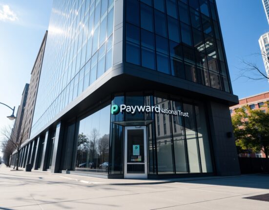 Exterior of Payward National Trust bank building in a U.S. city under clear blue sky