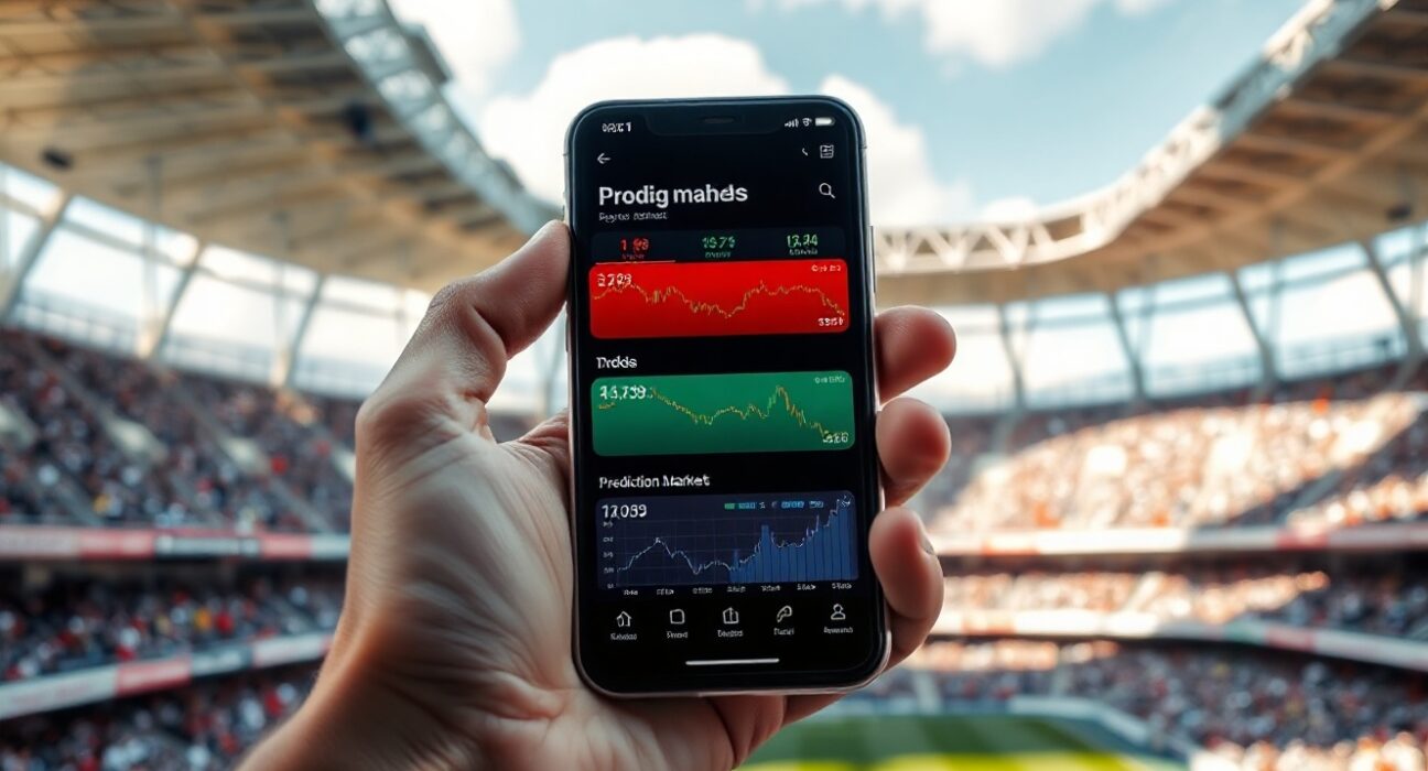 Hand holding smartphone showing Onyx Odds prediction market interface with sports betting odds and trading charts.