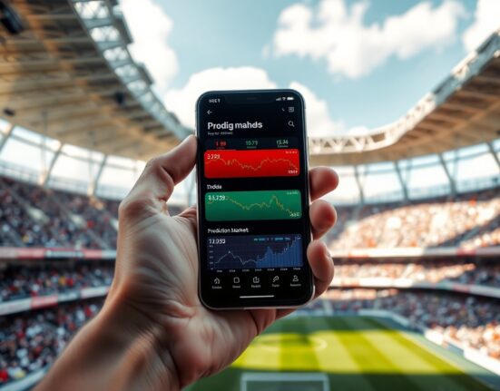 Hand holding smartphone showing Onyx Odds prediction market interface with sports betting odds and trading charts.