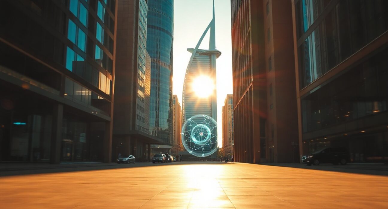Dubai financial district skyscraper at golden hour representing crypto regulation and business expansion