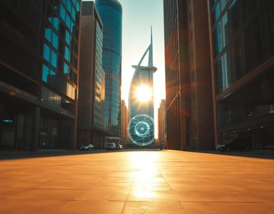 Dubai financial district skyscraper at golden hour representing crypto regulation and business expansion