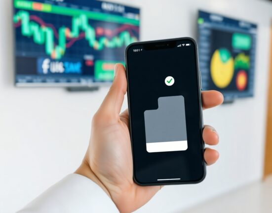 Smartphone displaying stock chart with voting icon, symbolizing tokenized stock voting rights