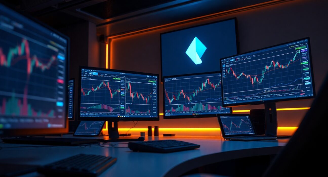 Kraken trading desk with cryptocurrency futures charts and monitors