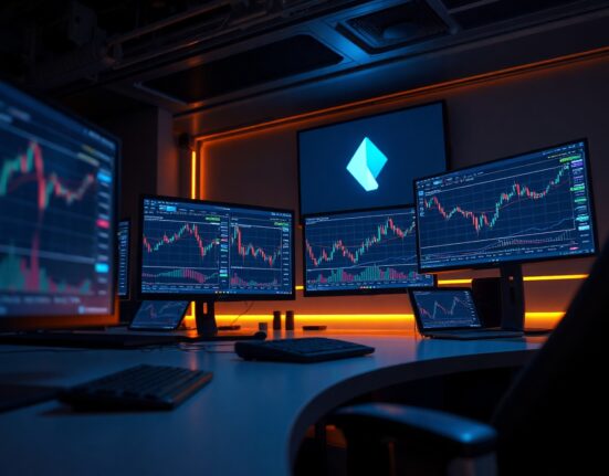 Kraken trading desk with cryptocurrency futures charts and monitors