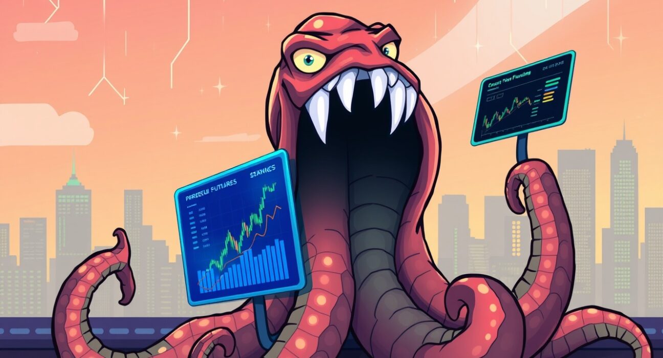 A cartoon Kraken extending tentacles to a trading screen, symbolizing Kraken perpetual futures trading for advanced crypto users.