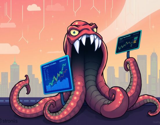 A cartoon Kraken extending tentacles to a trading screen, symbolizing Kraken perpetual futures trading for advanced crypto users.