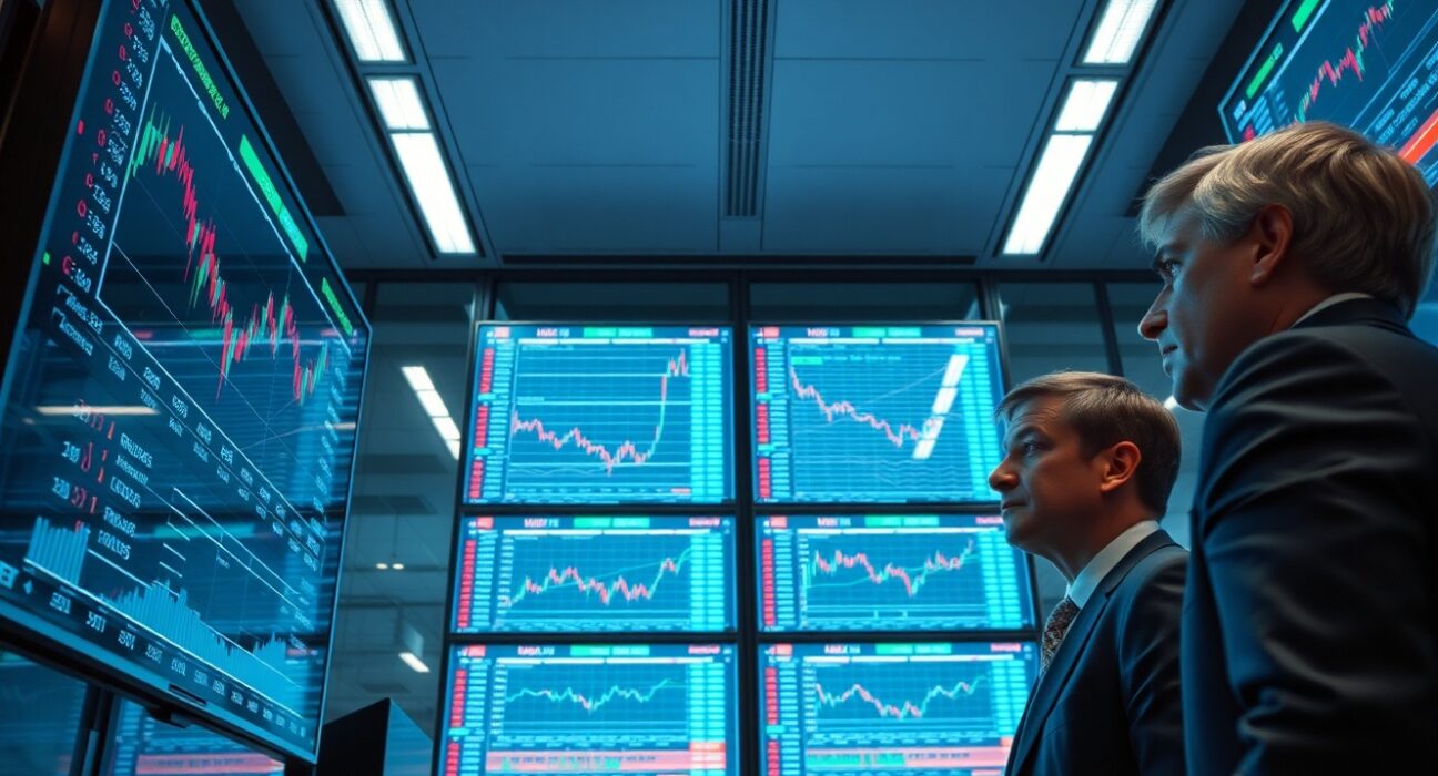 Professional traders monitoring perpetual futures charts on large screens in a modern trading floor