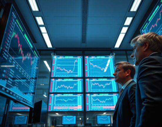 Professional traders monitoring perpetual futures charts on large screens in a modern trading floor