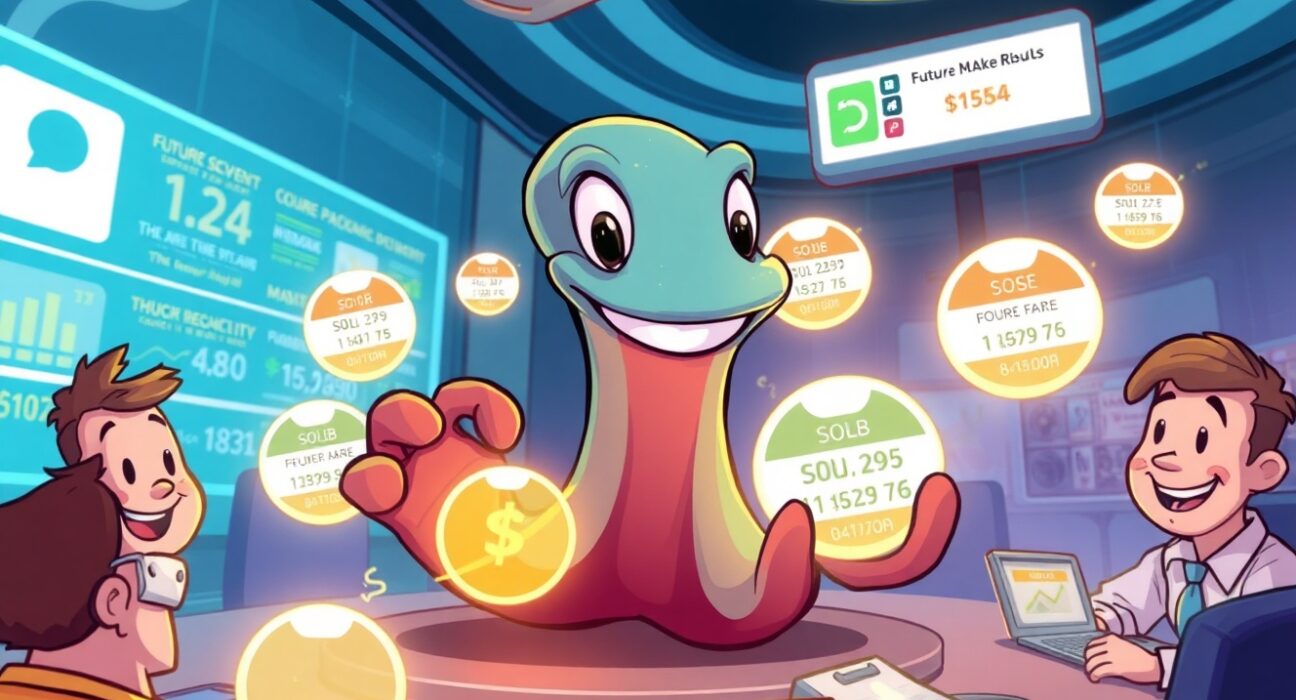 A vibrant cartoon illustration of Kraken's futuristic prediction market platform in action.