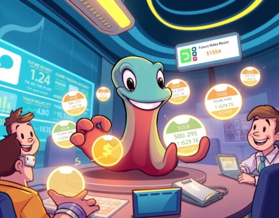 A vibrant cartoon illustration of Kraken's futuristic prediction market platform in action.