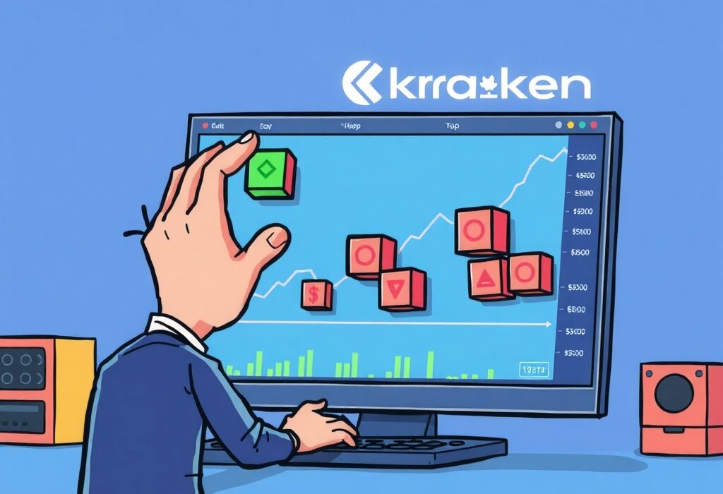 A cartoon illustration showing a trader effortlessly building strategies, symbolizing the power of Kraken Pro no-code trading.