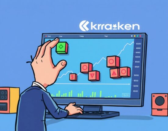 A cartoon illustration showing a trader effortlessly building strategies, symbolizing the power of Kraken Pro no-code trading.