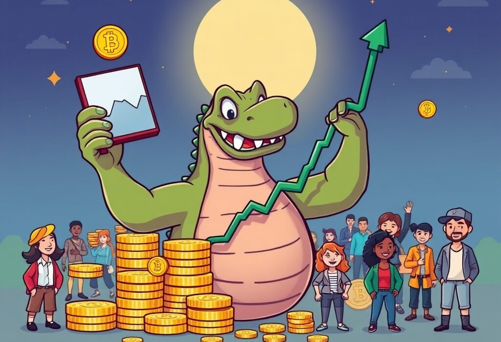 A cartoon kraken symbolizing Kraken's Q2 revenue growth, showcasing rising charts and increased user accounts.