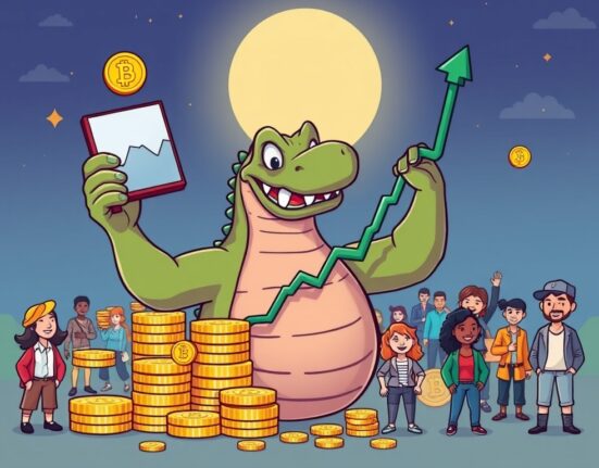 A cartoon kraken symbolizing Kraken's Q2 revenue growth, showcasing rising charts and increased user accounts.