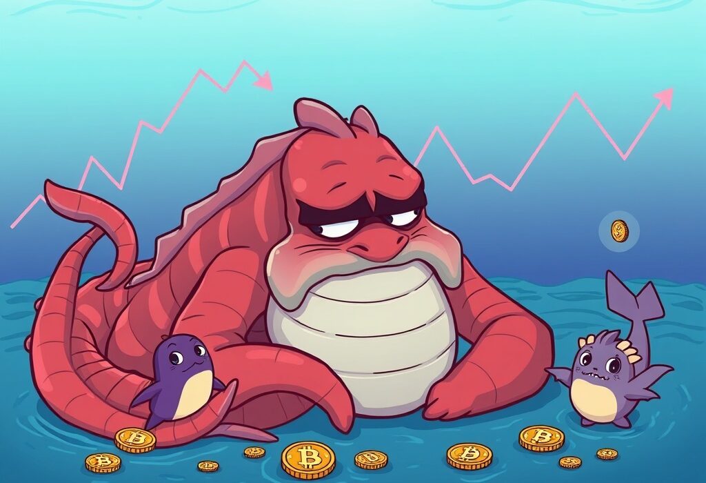 A cartoon Kraken symbolizes the challenges faced by Kraken revenue amidst a competitive crypto market and declining trading volumes.