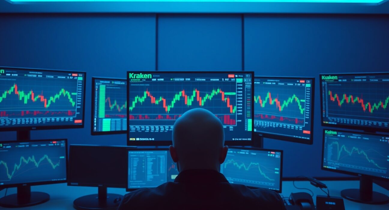 Kraken trading interface on a monitor showing margin trading charts and leverage options