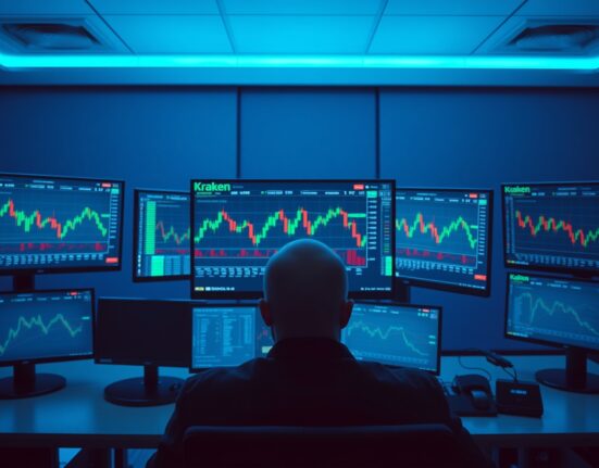 Kraken trading interface on a monitor showing margin trading charts and leverage options