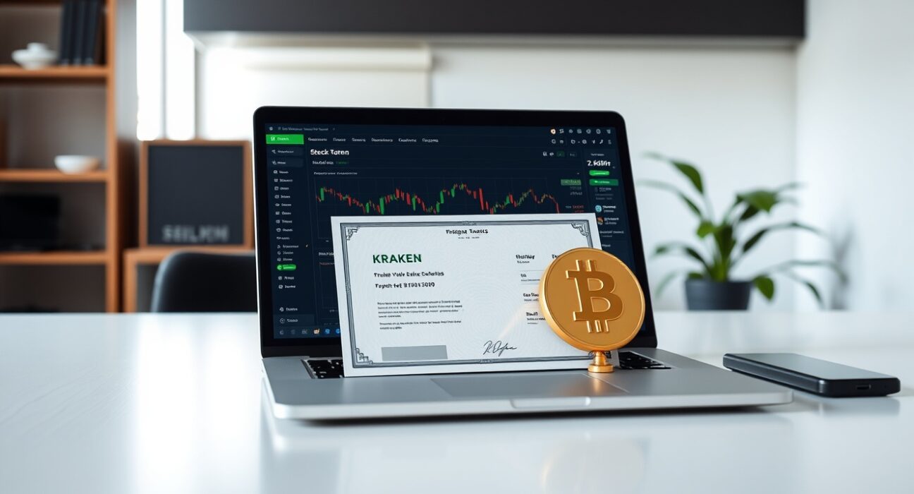 Kraken stock token service for US IPOs displayed on laptop with physical share certificate and digital token icon on desk