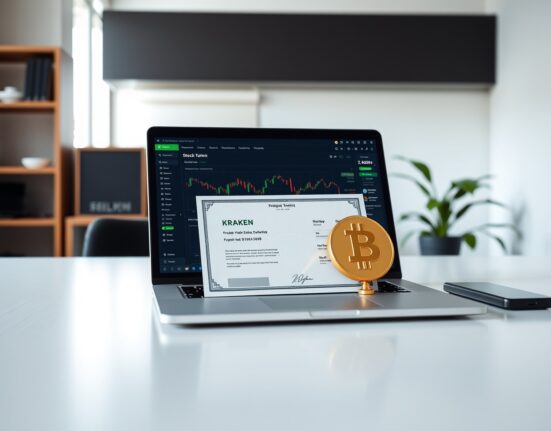 Kraken stock token service for US IPOs displayed on laptop with physical share certificate and digital token icon on desk