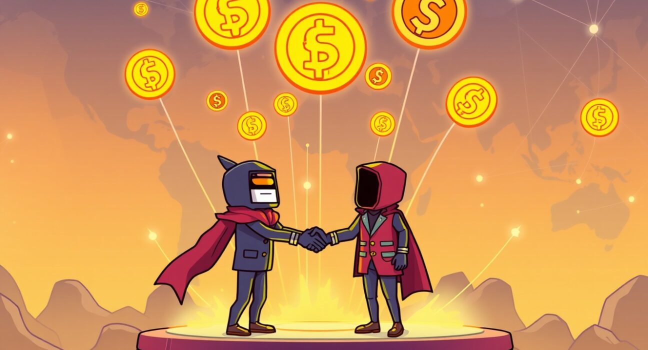 Cartoon illustration showing Kraken and Legion partnering to launch compliant Kraken token sales globally, symbolizing new crypto investment opportunities.