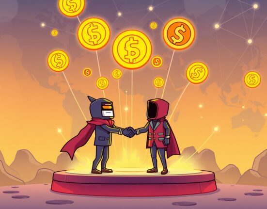 Cartoon illustration showing Kraken and Legion partnering to launch compliant Kraken token sales globally, symbolizing new crypto investment opportunities.